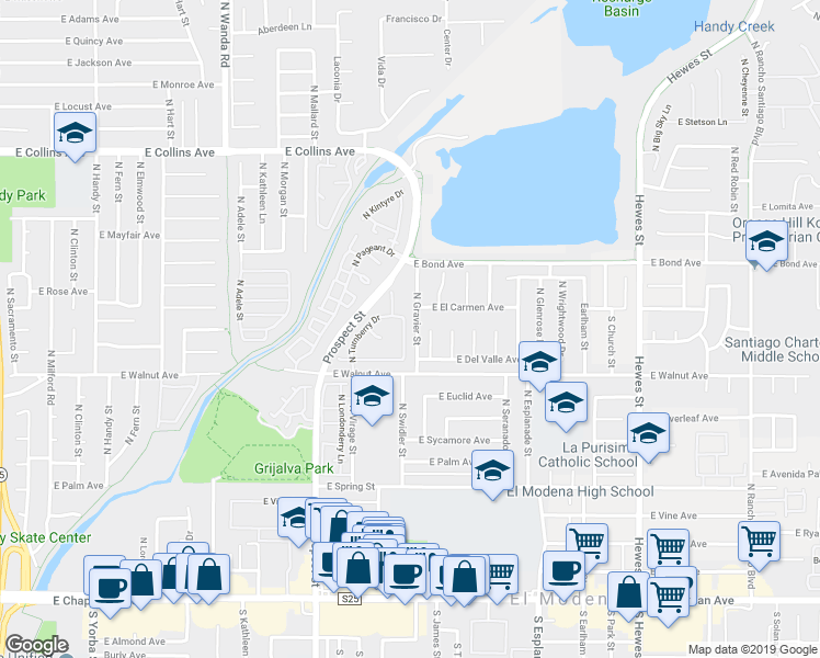 map of restaurants, bars, coffee shops, grocery stores, and more near 585 North Eddington Drive in Orange