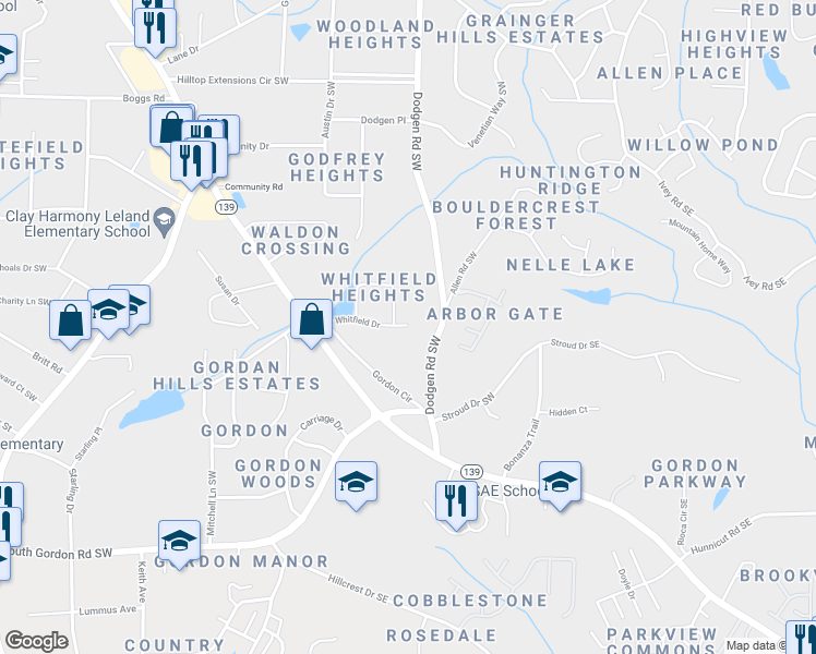 map of restaurants, bars, coffee shops, grocery stores, and more near 157 Whitfield Drive in Mableton