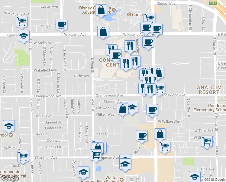 map of restaurants, bars, coffee shops, grocery stores, and more near 2123 South June Place in Anaheim