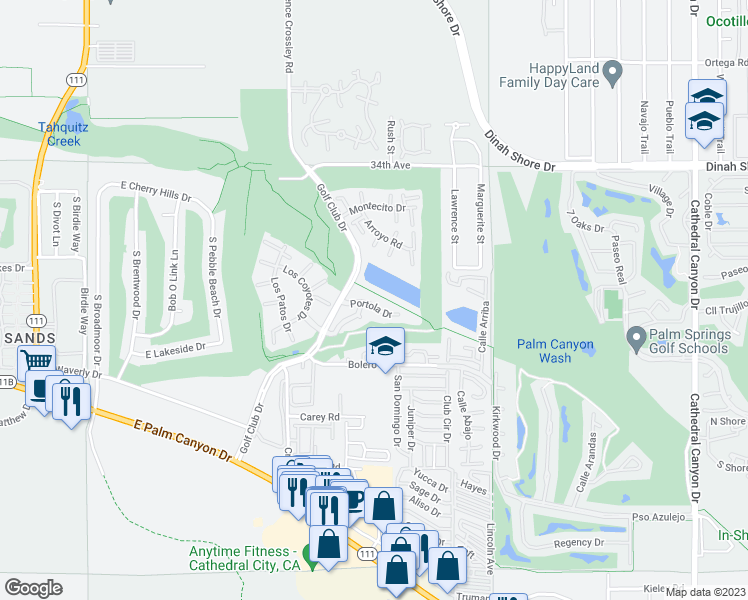 map of restaurants, bars, coffee shops, grocery stores, and more near 47 Portola Drive in Palm Springs