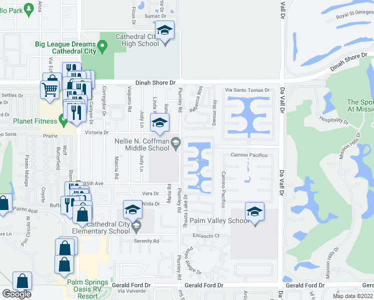 map of restaurants, bars, coffee shops, grocery stores, and more near 4 Loch Ness Lake Court in Rancho Mirage