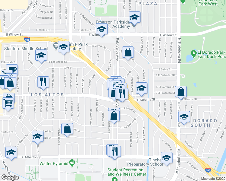 map of restaurants, bars, coffee shops, grocery stores, and more near 26 Woodruff Avenue in Long Beach