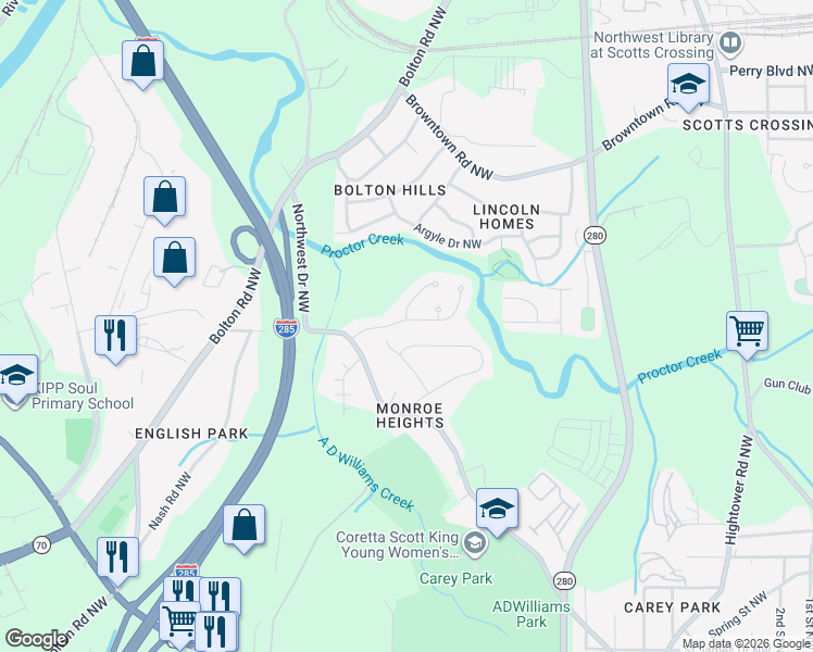 map of restaurants, bars, coffee shops, grocery stores, and more near 2818 Glenlocke Circle Northwest in Atlanta