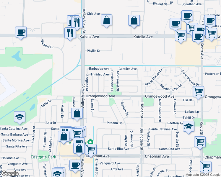 map of restaurants, bars, coffee shops, grocery stores, and more near 11469 Providencia Street in Cypress