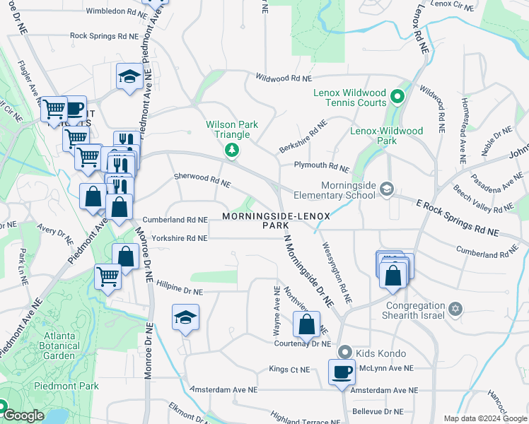 map of restaurants, bars, coffee shops, grocery stores, and more near 829 Sherwood Road Northeast in Atlanta