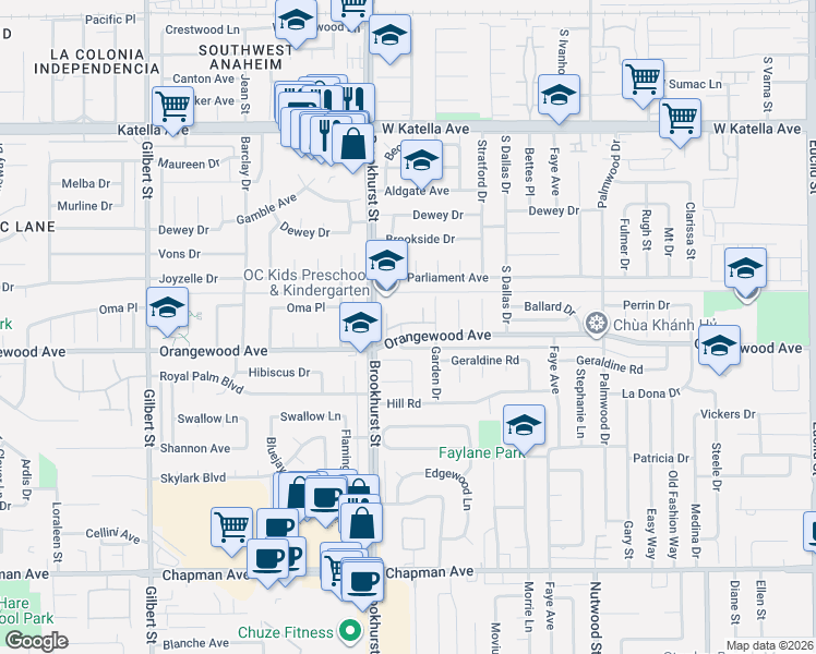 map of restaurants, bars, coffee shops, grocery stores, and more near 10081 Orangewood Avenue in Garden Grove