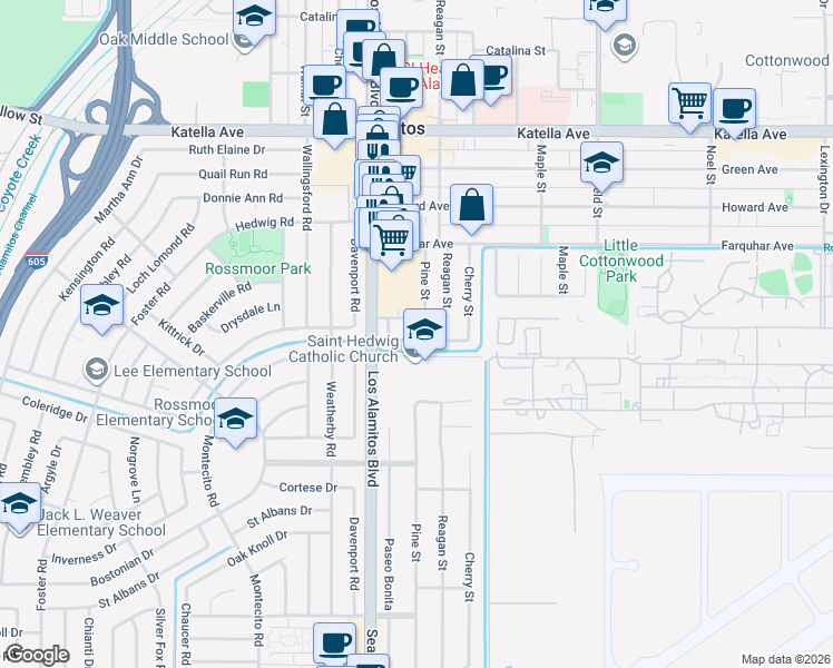 map of restaurants, bars, coffee shops, grocery stores, and more near 3593 Thor Avenue in Los Alamitos