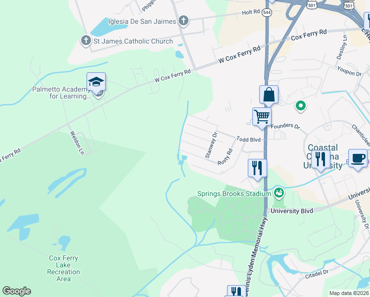 map of restaurants, bars, coffee shops, grocery stores, and more near 645 Rusty Road in Conway