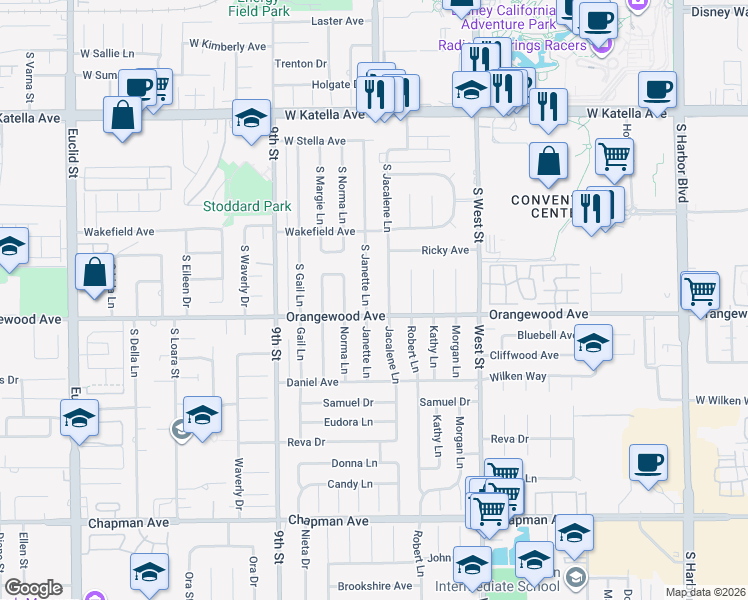 map of restaurants, bars, coffee shops, grocery stores, and more near 2068 South Janette Lane in Anaheim