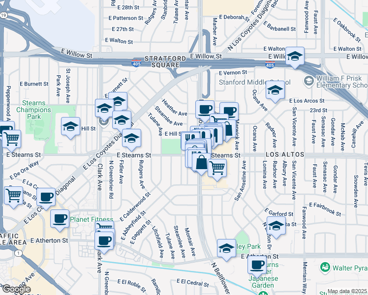 map of restaurants, bars, coffee shops, grocery stores, and more near 2208 Montair Avenue in Long Beach