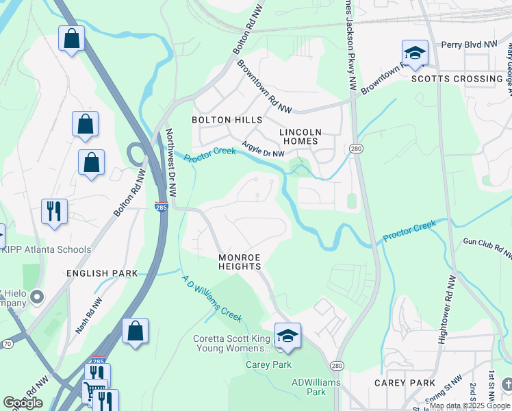 map of restaurants, bars, coffee shops, grocery stores, and more near 2798 Glenlocke Circle Northwest in Atlanta