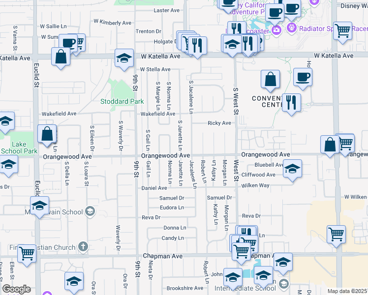 map of restaurants, bars, coffee shops, grocery stores, and more near 2068 South Janette Lane in Anaheim