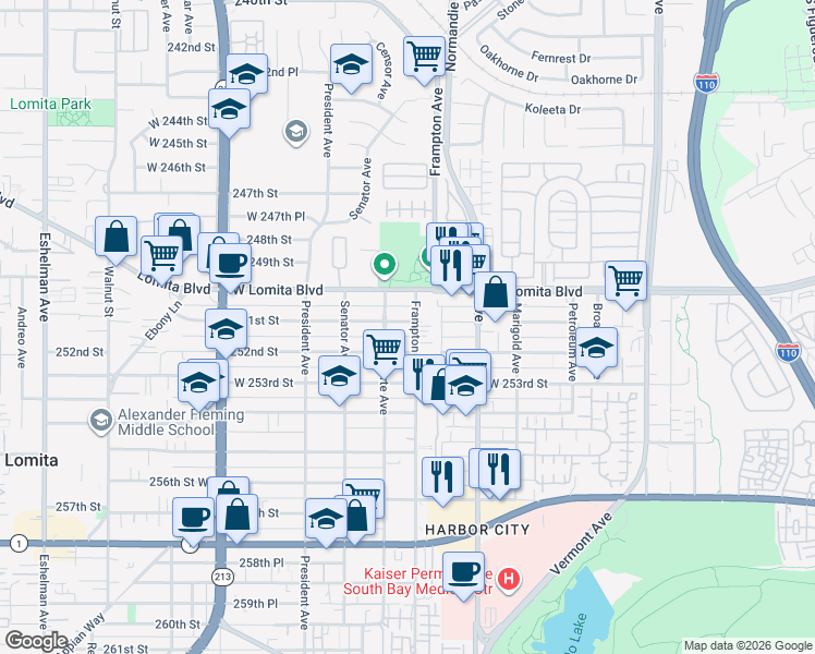 map of restaurants, bars, coffee shops, grocery stores, and more near 1336 251st Street in Los Angeles