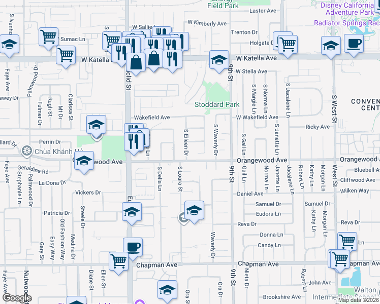 map of restaurants, bars, coffee shops, grocery stores, and more near 2070 South Eileen Drive in Anaheim