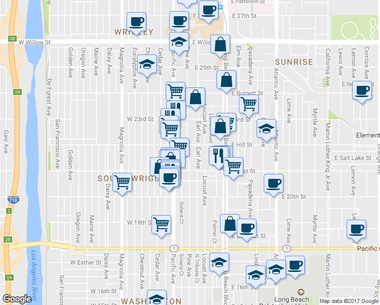 map of restaurants, bars, coffee shops, grocery stores, and more near 2166 Pine Avenue in Long Beach