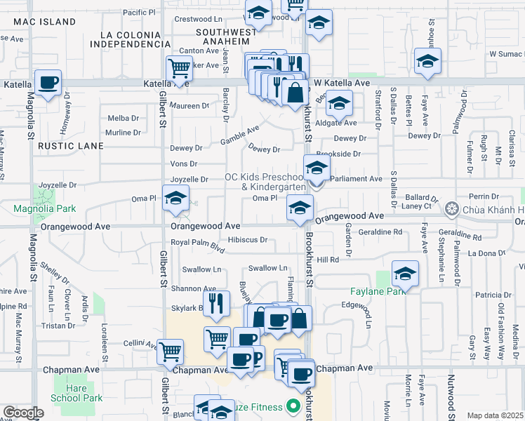 map of restaurants, bars, coffee shops, grocery stores, and more near 11442 Rainier Ct in Garden Grove