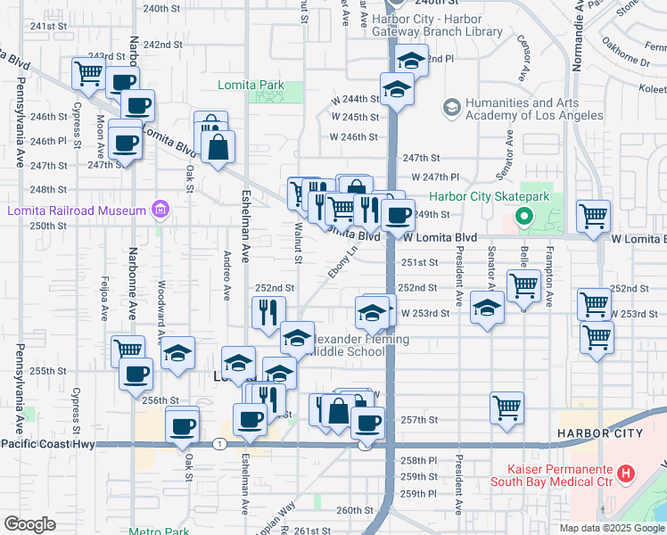 map of restaurants, bars, coffee shops, grocery stores, and more near in Lomita