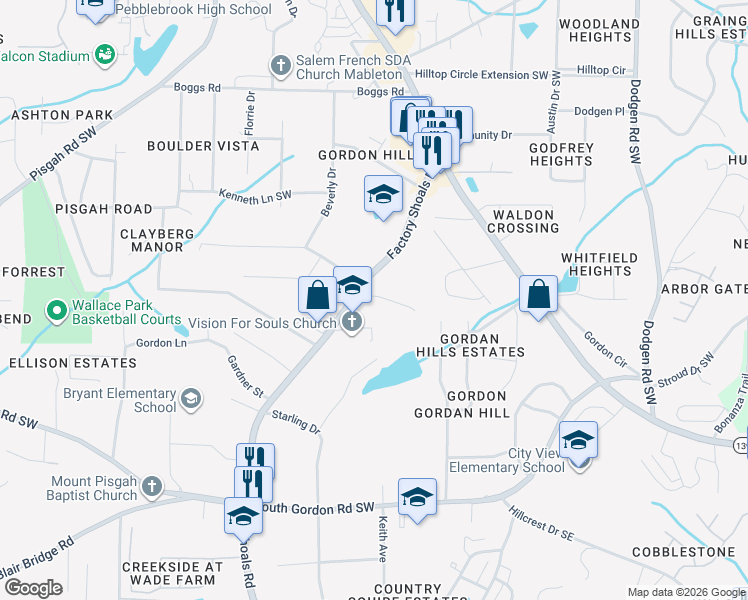 map of restaurants, bars, coffee shops, grocery stores, and more near 6429 Factory Shoals Road Southwest in Mableton