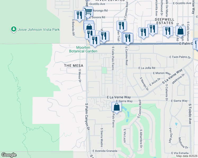 map of restaurants, bars, coffee shops, grocery stores, and more near 2003 Ramitas Way in Palm Springs