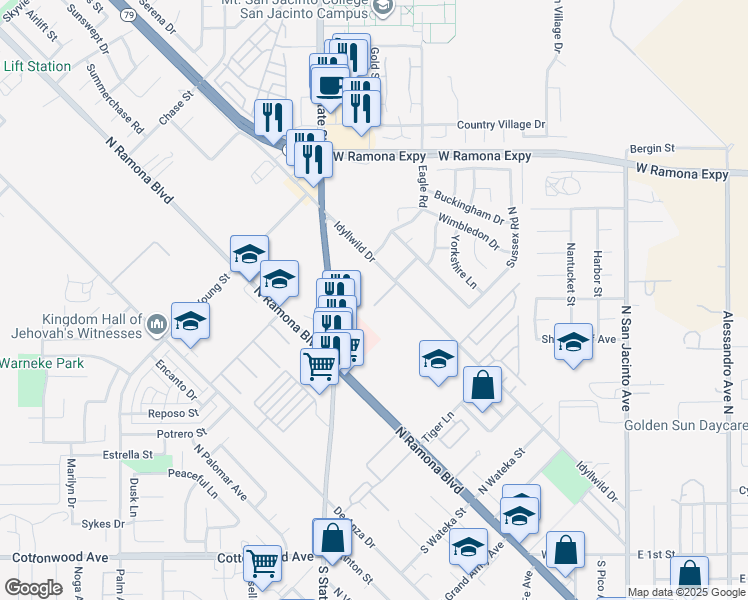 map of restaurants, bars, coffee shops, grocery stores, and more near 700 Idyllwild Drive in San Jacinto