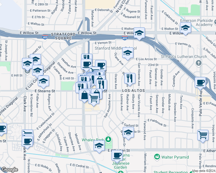 map of restaurants, bars, coffee shops, grocery stores, and more near 2205 San Anseline Avenue in Long Beach