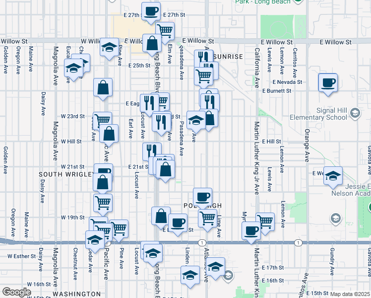 map of restaurants, bars, coffee shops, grocery stores, and more near 2161 Linden Avenue in Long Beach