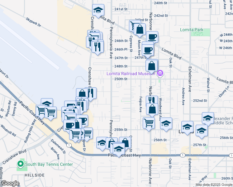 map of restaurants, bars, coffee shops, grocery stores, and more near 2356 251st Street in Lomita