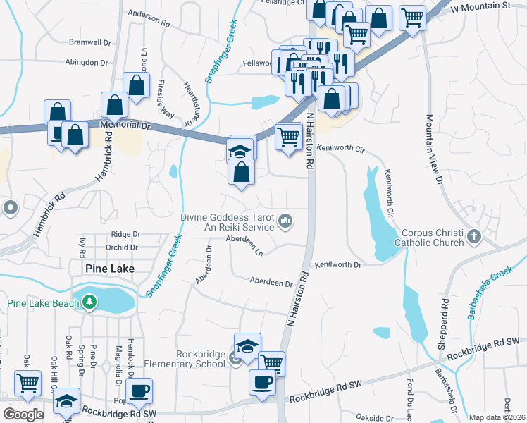 map of restaurants, bars, coffee shops, grocery stores, and more near 4733 Hairston Crossing Road in Stone Mountain