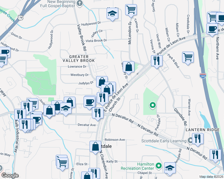 map of restaurants, bars, coffee shops, grocery stores, and more near 627 Valley Brook Road in Scottdale