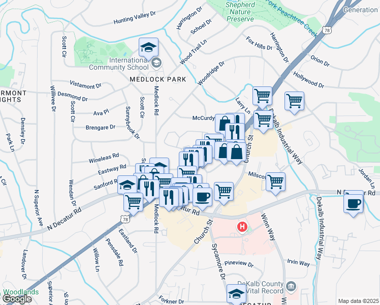 map of restaurants, bars, coffee shops, grocery stores, and more near 223 Tuxworth Circle in Decatur