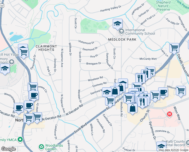 map of restaurants, bars, coffee shops, grocery stores, and more near 2332 Wineleas Road in Decatur