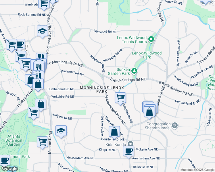 map of restaurants, bars, coffee shops, grocery stores, and more near 1539 North Morningside Drive Northeast in Atlanta