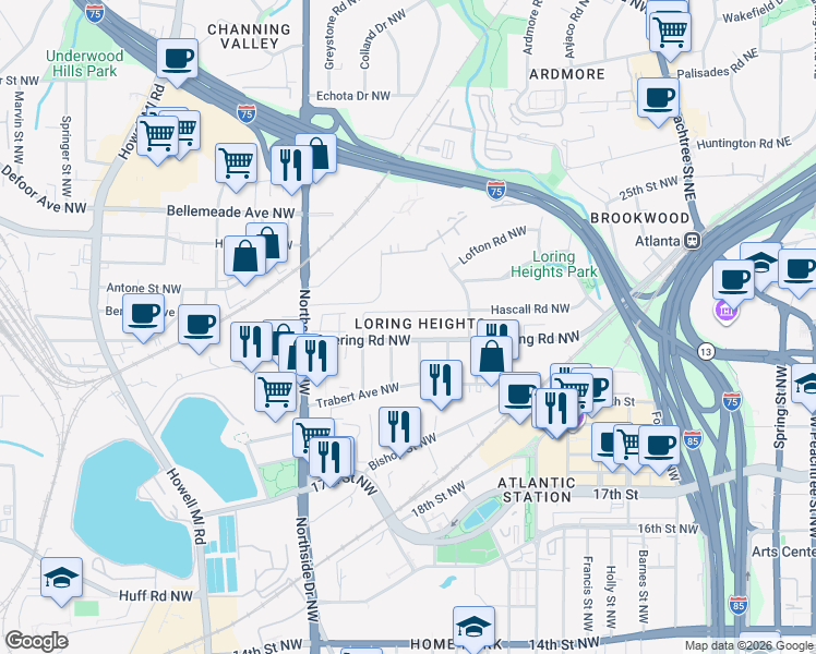 map of restaurants, bars, coffee shops, grocery stores, and more near 487 Deering Road Northwest in Atlanta