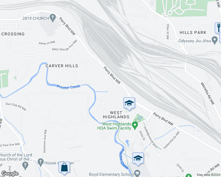 map of restaurants, bars, coffee shops, grocery stores, and more near 2100 Drew Drive in Atlanta