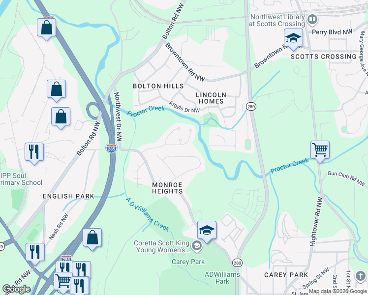 map of restaurants, bars, coffee shops, grocery stores, and more near 2790 Glenlocke Circle Northwest in Atlanta
