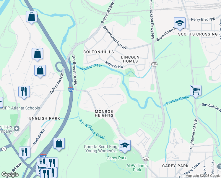 map of restaurants, bars, coffee shops, grocery stores, and more near 2798 Glenlocke Circle Northwest in Atlanta