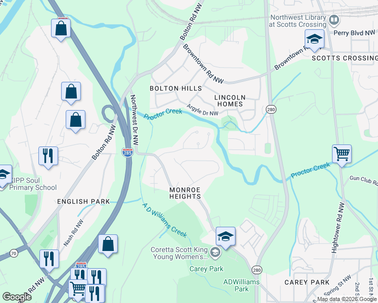 map of restaurants, bars, coffee shops, grocery stores, and more near 2818 Glenlocke Circle Northwest in Atlanta