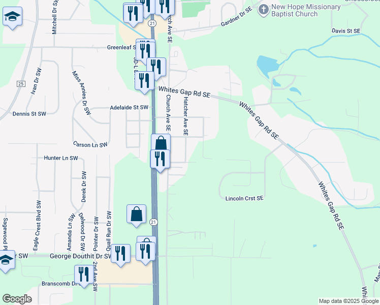 map of restaurants, bars, coffee shops, grocery stores, and more near 1412 Hatcher Avenue Southeast in Jacksonville
