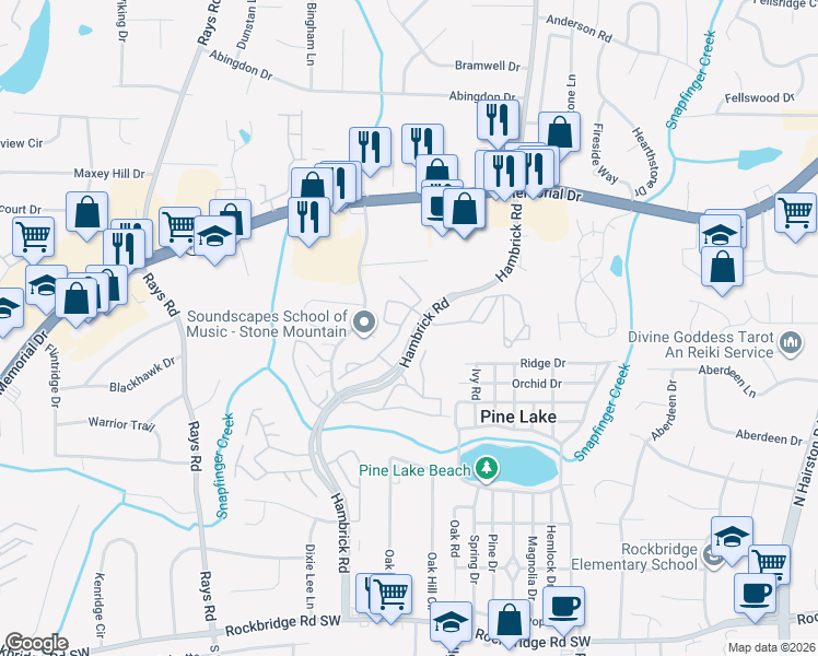 map of restaurants, bars, coffee shops, grocery stores, and more near 663 Windchase Lane in Stone Mountain