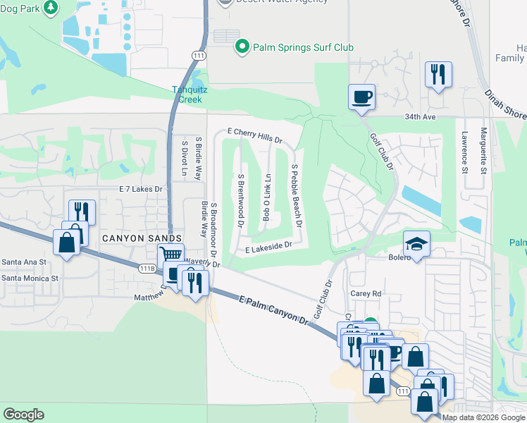 map of restaurants, bars, coffee shops, grocery stores, and more near 2289 Bob O Link Lane in Palm Springs