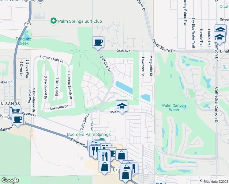 map of restaurants, bars, coffee shops, grocery stores, and more near 40 Portola Drive in Palm Springs
