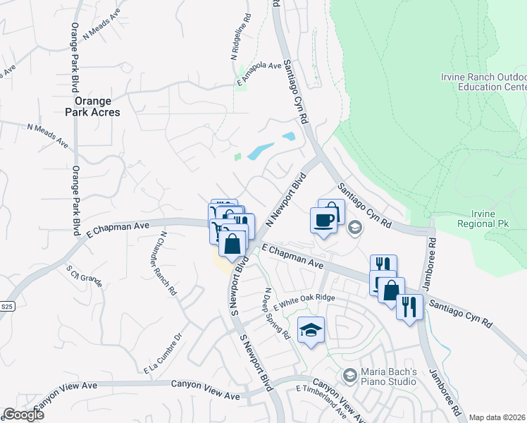 map of restaurants, bars, coffee shops, grocery stores, and more near 7804 East Appaloosa Trail in Orange