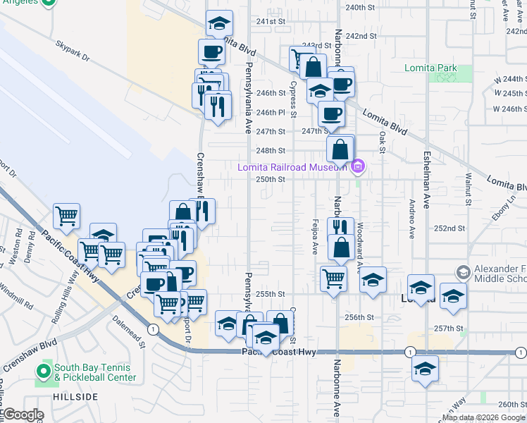 map of restaurants, bars, coffee shops, grocery stores, and more near 2354 251st Street in Lomita