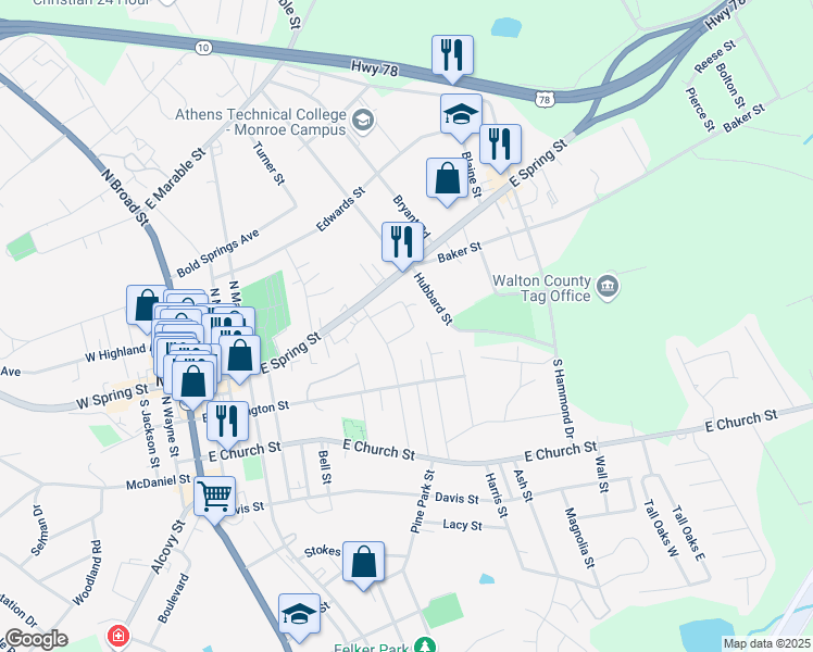 map of restaurants, bars, coffee shops, grocery stores, and more near 311 Mobley Circle in Monroe