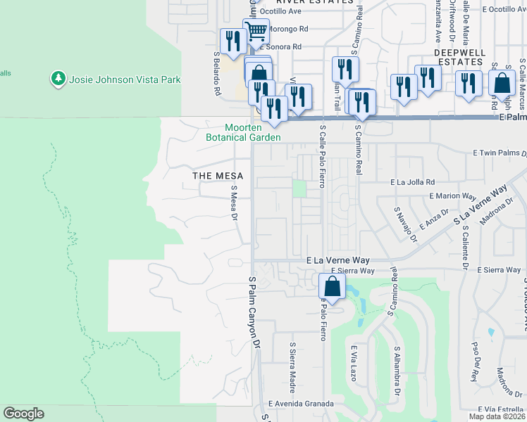 map of restaurants, bars, coffee shops, grocery stores, and more near 1950 South Palm Canyon Drive in Palm Springs
