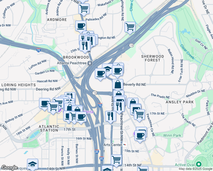 map of restaurants, bars, coffee shops, grocery stores, and more near 1590 Peachtree Street Northwest in Atlanta