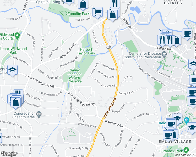 map of restaurants, bars, coffee shops, grocery stores, and more near 1212 Poplar Grove Drive Northeast in Atlanta