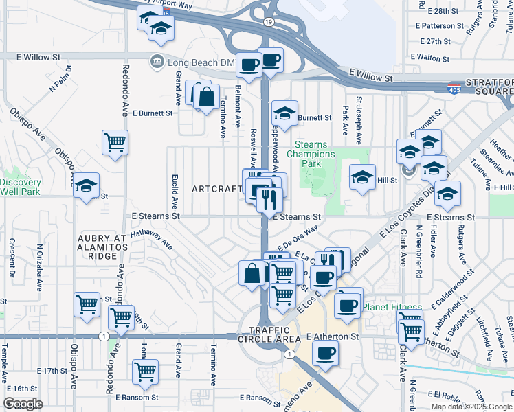 map of restaurants, bars, coffee shops, grocery stores, and more near 2257 North Lakewood Boulevard in Long Beach