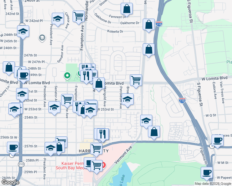 map of restaurants, bars, coffee shops, grocery stores, and more near 1052 251st Street in Los Angeles