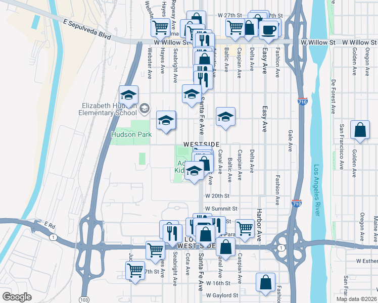 map of restaurants, bars, coffee shops, grocery stores, and more near 1720 West Hill Street in Long Beach